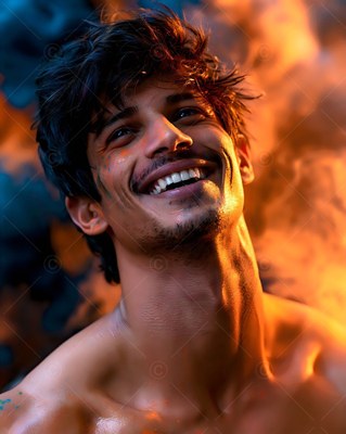 Smiling warmly, a shirtless man looks up with orange and blue smoke around him
