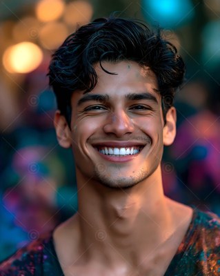 Man with a smile with dark wavy hair and blurred colorful lights