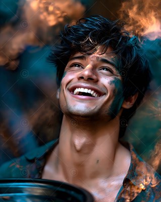 Dark paint smudges a laughing young man's cheek as orange smoke drifts around him in the dark