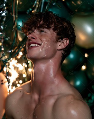 A shirtless young man smiles upward against dark green balloons and warm bokeh lights