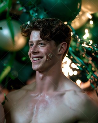 Turned slightly in a festive room, a bare-chested man with a smile stands by green balloons