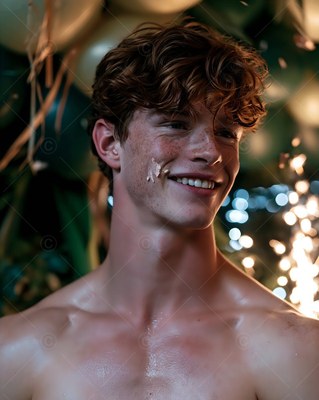 A shirtless man smiling with cake frosting on his cheek near green balloons