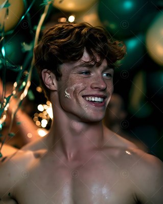 At a party with green balloons, a shirtless man smiles with cake frosting on his cheek