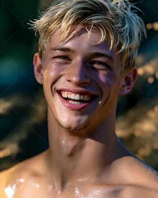 Laughing in the sun, a shirtless blond man with wet hair and paint on his cheek