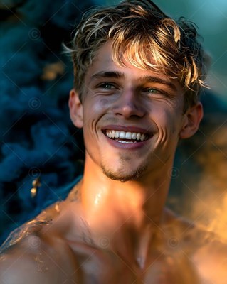 Smiling blond man looking up in warm sunlight