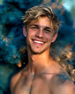 Messy blond hair frames a shirtless man smiling outdoors before blue foliage and golden powder dust