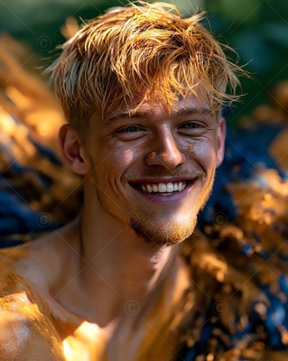 A smiling blond man grins warmly while covered in warm sunlight and orange paint