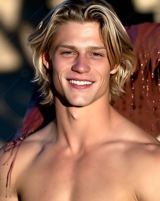 Facing forward outdoors, a smiling shirtless blond man in warm sunlight
