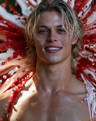 A blond man smiles into bright sunlight while red and white paint splashes behind him