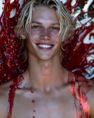 Against red paint splatters, a shirtless blond man is smiling broadly