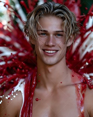 Smiling broadly, a blond man is splashed with red and white paint