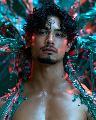 A shirtless man surrounded by splashes of teal paint