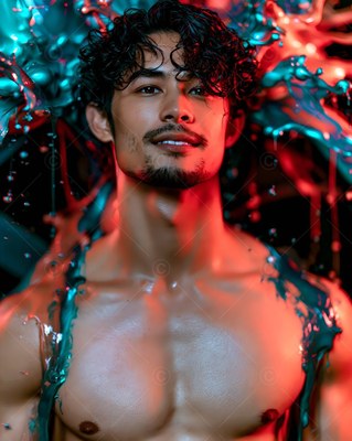 Wet curly hair frames a smiling bare-chested man surrounded by splashes of teal paint