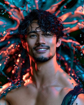 A smiling man is lit by orange light against splashes of teal paint