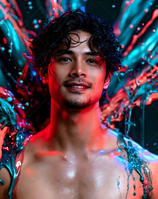 Facing forward in a dark studio, a shirtless man breaks into a smile under splashes of teal paint