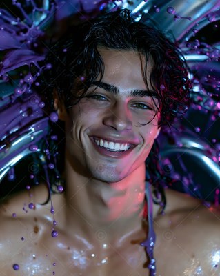 A grinning man with wet dark hair gets splashed by purple paint