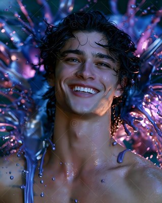 In a dark space, a shirtless man is smiling under splashes of purple paint