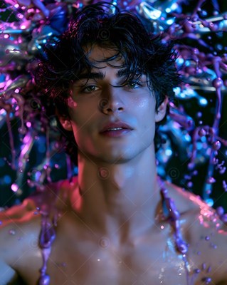 Looking forward with wet hair, a shirtless man is covered in splashing purple paint