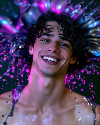 A grinning man splashed with purple and silver paint