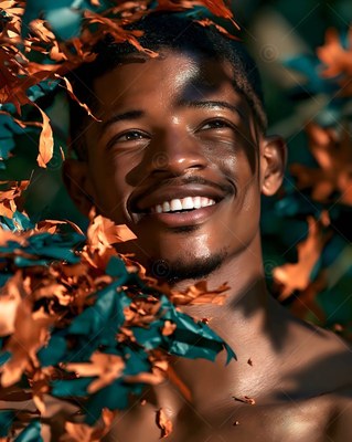 A smiling Black man with a goatee looks up in dappled sunlight outdoors behind orange and teal leaves