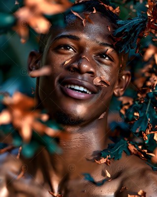 A man grins and looks up through falling brown leaves touched by warm light