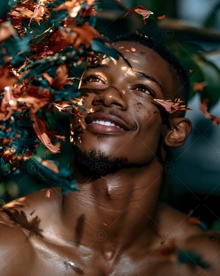 Tilted back in the woods, a smiling bare-shouldered man looks up past bronze leaves