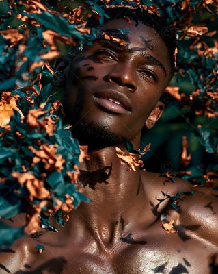 A shirtless Black man looks up through teal and orange leaves in sunlight