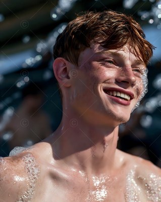 Laughing in bright sunshine, a shirtless man who is young is splashed with water and foam