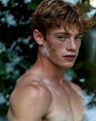 Shirtless man with red hair outdoors with white foam on his face