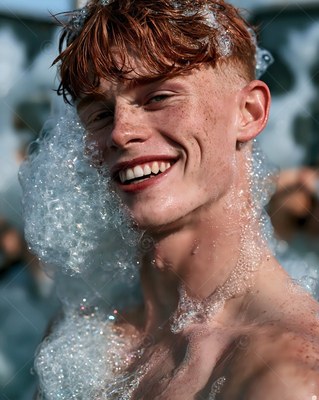 Wet red hair framing his freckled face, a shirtless man grins under soapy bubbles outdoors
