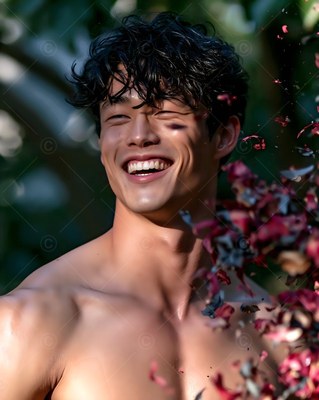 A shirtless man laughs outdoors with his eyes shut under bright warm sunlight
