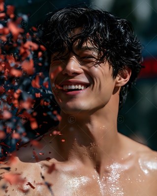 Turned slightly in bright sunlight, a wet shirtless man chuckles as red petals fly past