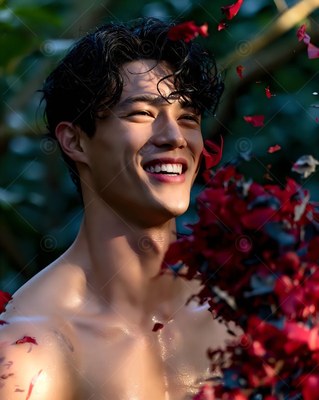 A shirtless man bursts into laughter in the sunlight as red flower petals fall around him
