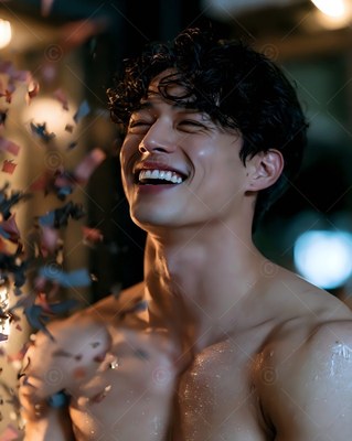 In a dim room with soft warm lights, a shirtless man is laughing under falling confetti