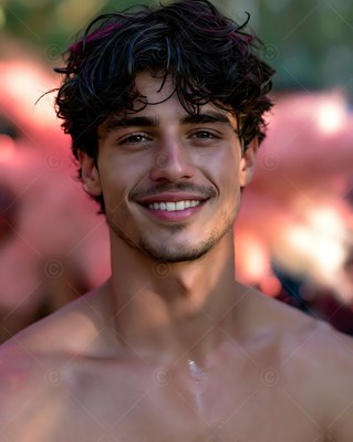 Smiling outdoors, a shirtless young man with dark wavy hair looks ahead