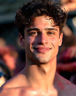 A young shirtless man smiling in the warm sunlight