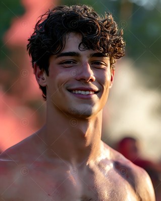 Curly dark hair frames a bare-chested man with a smile standing in warm sunlight outdoors