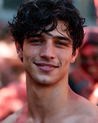 A shirtless man gives a smile softly with curly dark hair under warm red sunlight