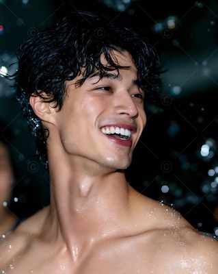 Turned to the side outdoors at night, a shirtless man grins with wet hair