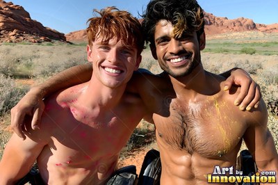 Splattered with pink and yellow paint, two shirtless men smile outdoors under bright sun