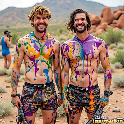 Two shirtless men grin together outdoors, their bare chests splashed with bright purple and yellow paint