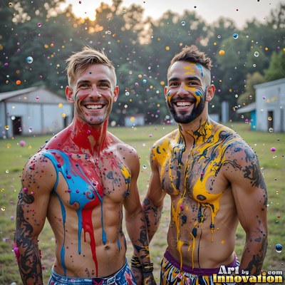 Standing shoulder to shoulder on a grassy field, two shirtless men grin covered in paint