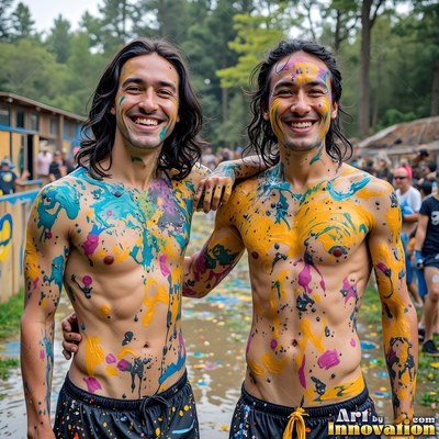 In a wooded park, two smiling shirtless men are standing covered in blue and yellow paint