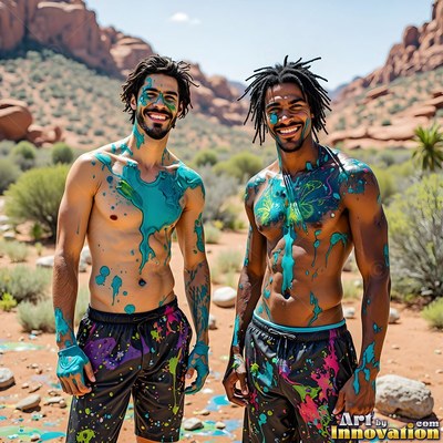 Teal paint drips down the chests of two grinning bare-chested men in a sunny desert