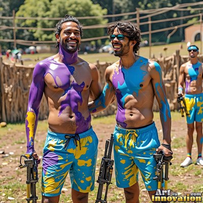Two smiling bare-chested men stand outdoors covered in purple and bright blue paint