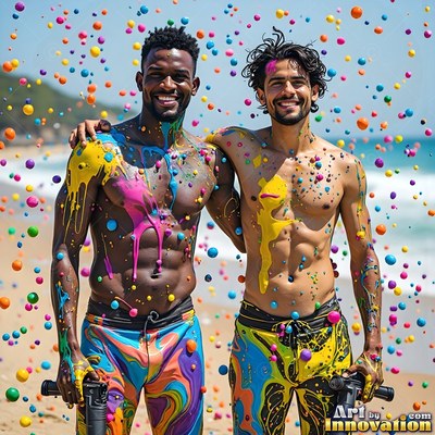 Smiling on a beach, two bare-chested men stand splattered with yellow and pink paint
