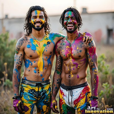 Dripping bright paint covers two smiling shirtless men standing in a field