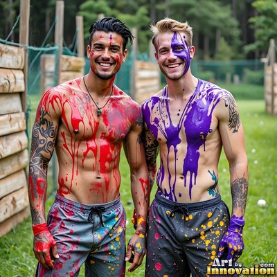Standing side by side on a field, two shirtless men smile covered in red and purple paint