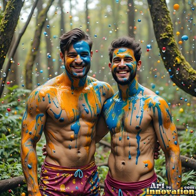Two shirtless men grin together in the woods covered in blue and orange paint