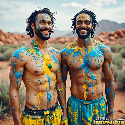 Grinning in the desert, two shirtless men pose splashed with blue and yellow paint